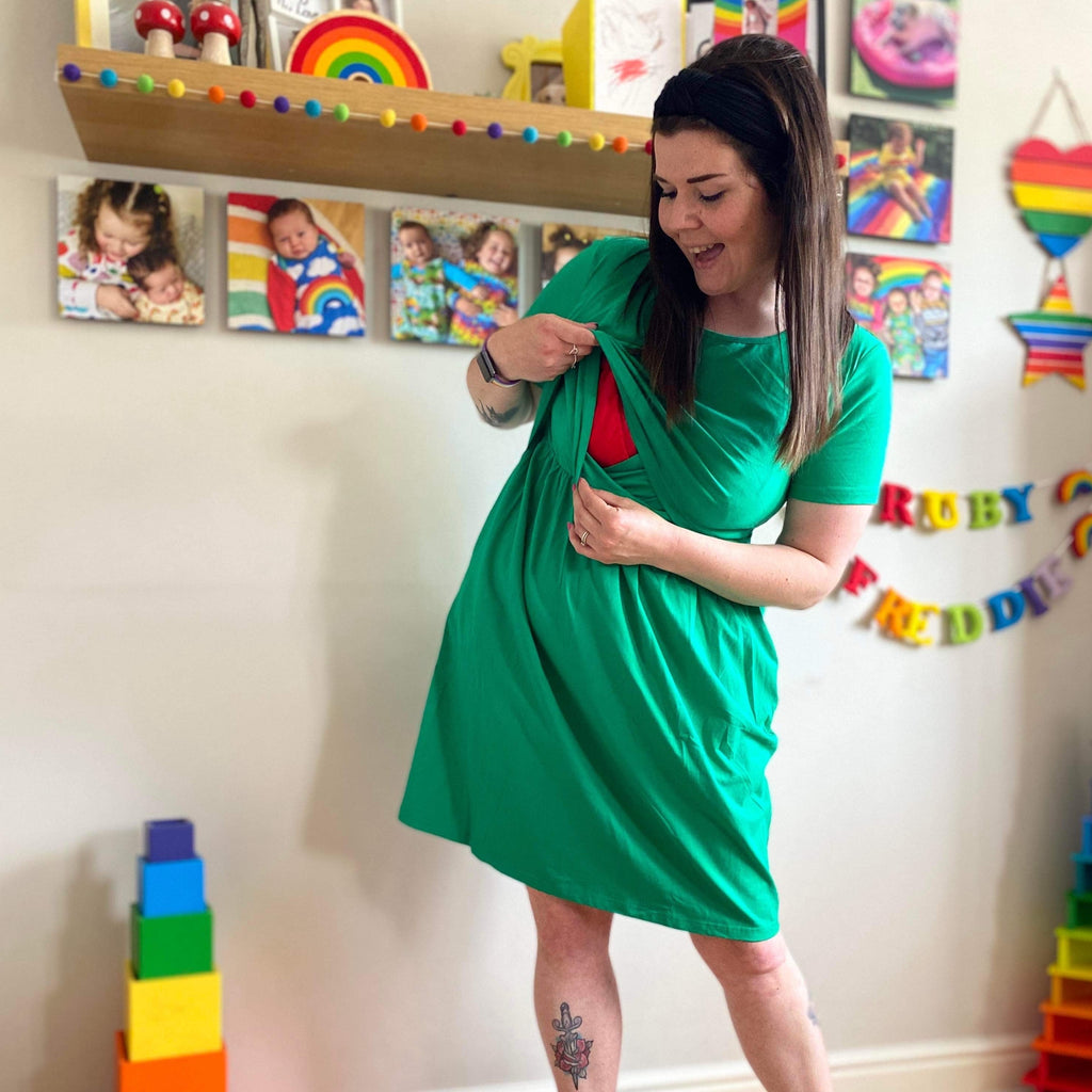 Gemma Green Breastfeeding Skater Dress - Stylish Mum for breastfeeding clothes UK