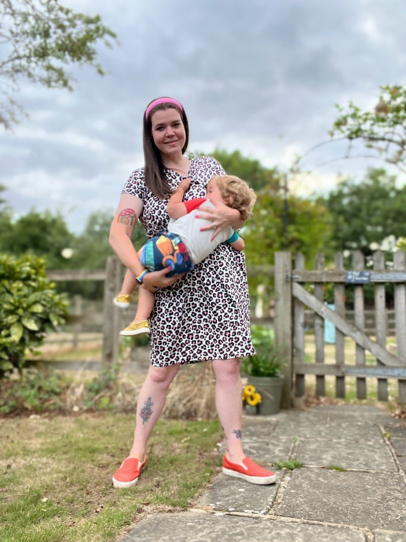 Lizzie Leopard Pink Breastfeeding Dress - Stylish Mum breastfeeding clothes UK